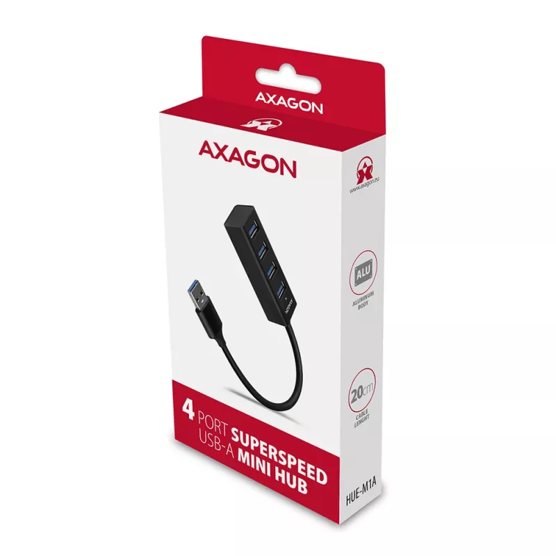 Axagon HUE-M1A 4x USB 3.2 Gen 1 MINI-keskitin, metalli, 20 cm USB-A-kaapeli