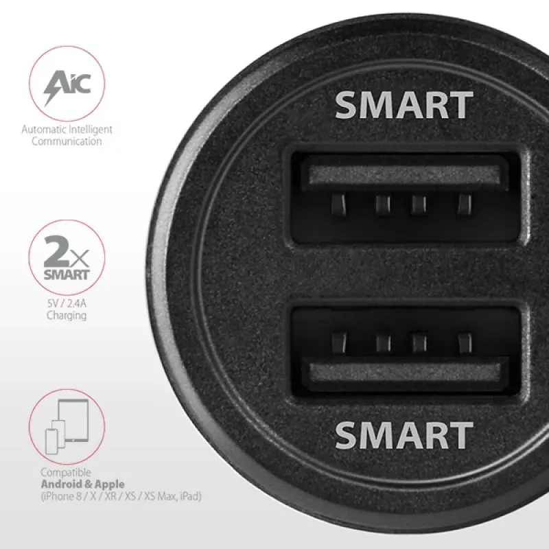 Axagon PWC-5V5 SMART autolaturi 24W, 2x USB-A-portti, 5V/2,4A + 5V/2,4A