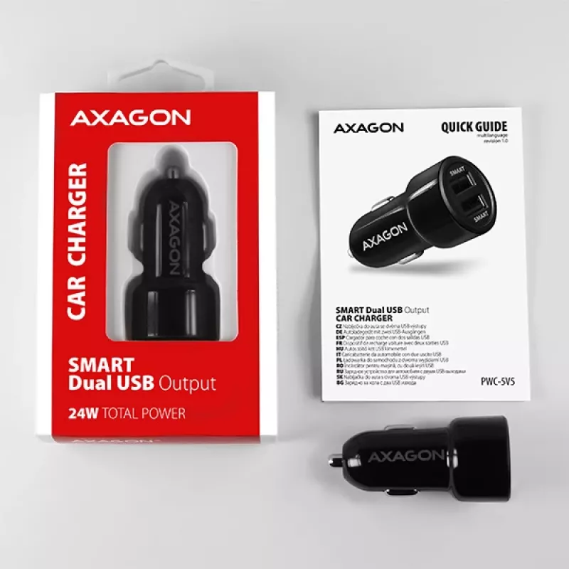 Axagon PWC-5V5 SMART autolaturi 24W, 2x USB-A-portti, 5V/2,4A + 5V/2,4A