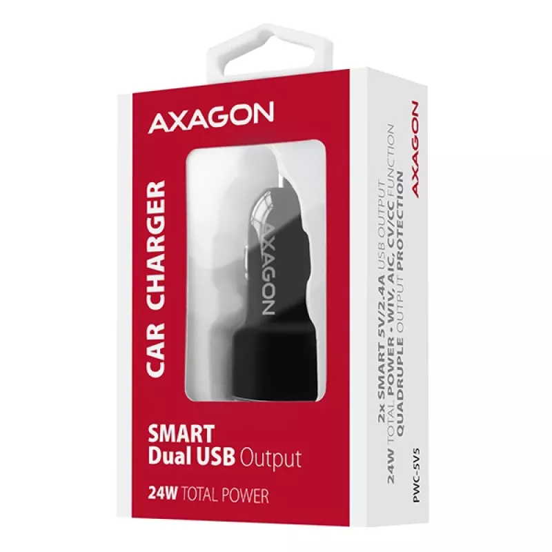 Axagon PWC-5V5 SMART autolaturi 24W, 2x USB-A-portti, 5V/2,4A + 5V/2,4A