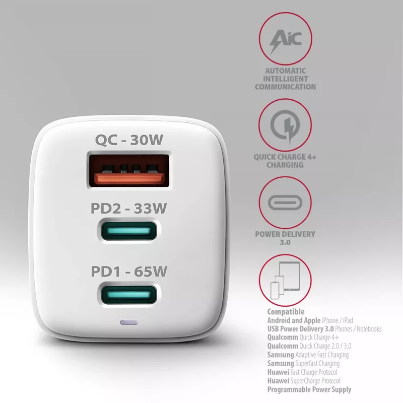 Axagon ACU-DPQ65W PD3.0 & QC4+ 3x LÄHTÖ seinälaturi 65W
