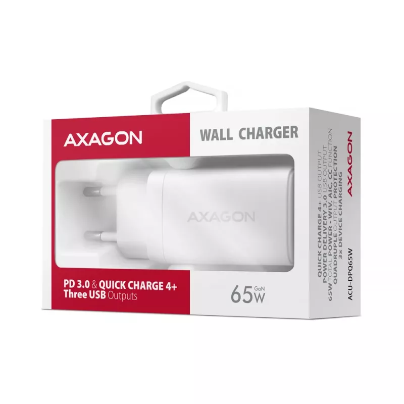 Axagon ACU-DPQ65W PD3.0 & QC4+ 3x LÄHTÖ seinälaturi 65W