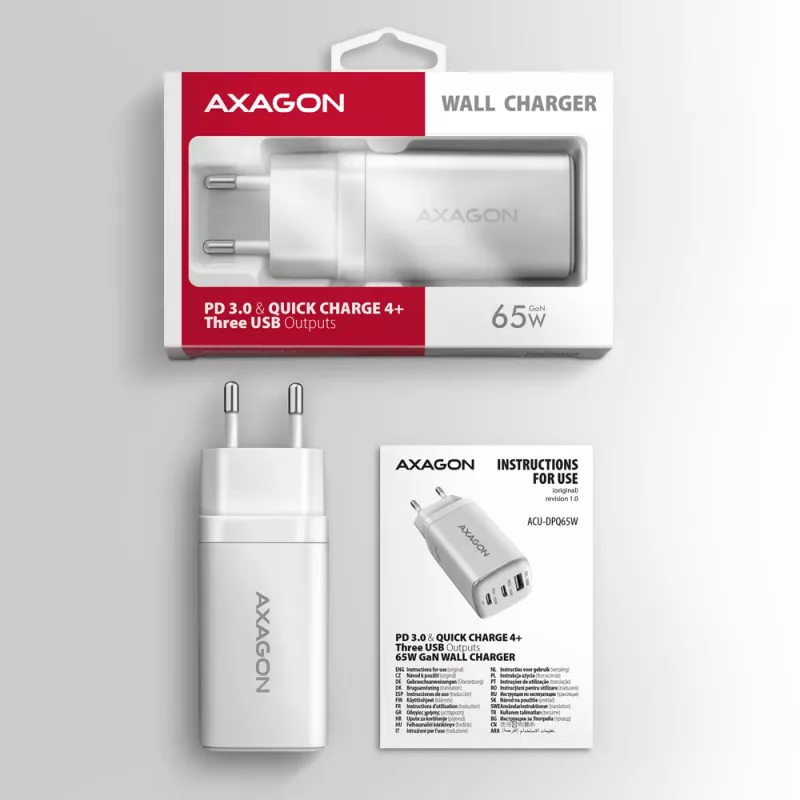 Axagon ACU-DPQ65W PD3.0 & QC4+ 3x LÄHTÖ seinälaturi 65W