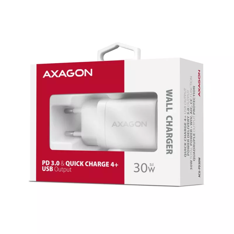 Seinälaturi Axagon ACU-PD30W 1x QC3.0/AFC/FCP/PD Type-C 30W valkoinen