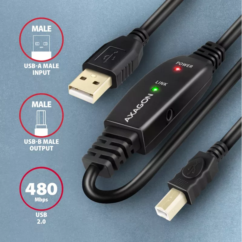 Axagon ADR-210B aktiivinen jatko-/toistinkaapeli USB 2.0 A-uros B-urokseen, 10 m