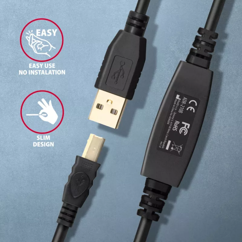 Axagon ADR-210B aktiivinen jatko-/toistinkaapeli USB 2.0 A-uros B-urokseen, 10 m