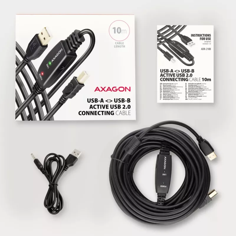 Axagon ADR-210B aktiivinen jatko-/toistinkaapeli USB 2.0 A-uros B-urokseen, 10 m