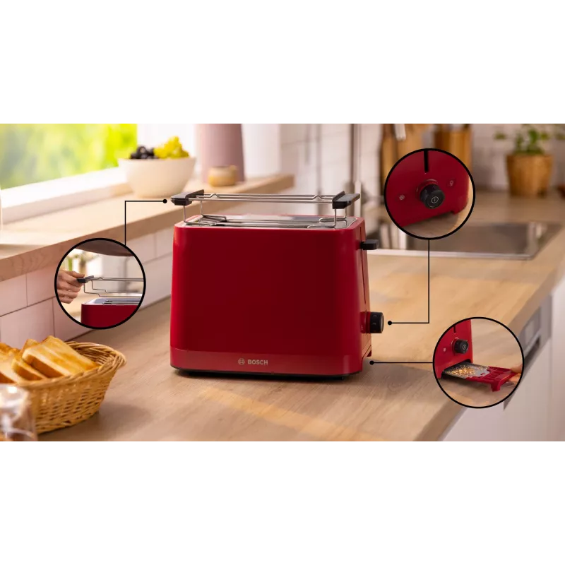 Bosch TAT3M124 leivänpaahdin 2 viipaletta 950 W punainen