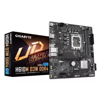 GIGABYTE H610M D3W DDR4 emolevy - tukee Intel Core 14. sukupolven suorittimia, 5+1+1 vaihe VRM, jopa 3200 MHz DDR4, 1x PCIe 3.0 M.2, 1 GbE LAN, USB 3.2 Gen 1