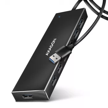Axagon HUE-F7A 7x USB 3.2 Gen 1 ALU FLAT -keskitin micro-virta IN 1m USB-A USB 3.2 Gen 1 (3.1 Gen 1) Type-A 5000 Mbit/s musta