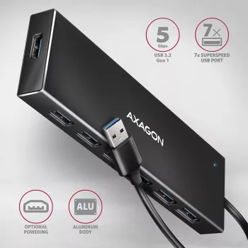 Axagon HUE-F7A 7x USB 3.2 Gen 1 ALU FLAT -keskitin micro-virta IN 1m USB-A USB 3.2 Gen 1 (3.1 Gen 1) Type-A 5000 Mbit/s musta