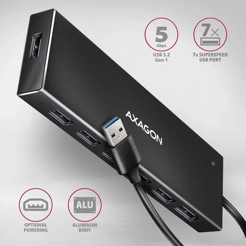 Axagon HUE-F7A 7x USB 3.2 Gen 1 ALU FLAT -keskitin micro-virta IN 1m USB-A USB 3.2 Gen 1 (3.1 Gen 1) Type-A 5000 Mbit/s musta
