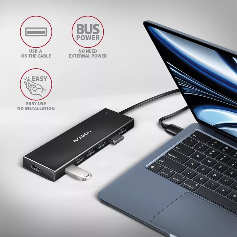 Axagon HUE-F7A 7x USB 3.2 Gen 1 ALU FLAT -keskitin micro-virta IN 1m USB-A USB 3.2 Gen 1 (3.1 Gen 1) Type-A 5000 Mbit/s musta