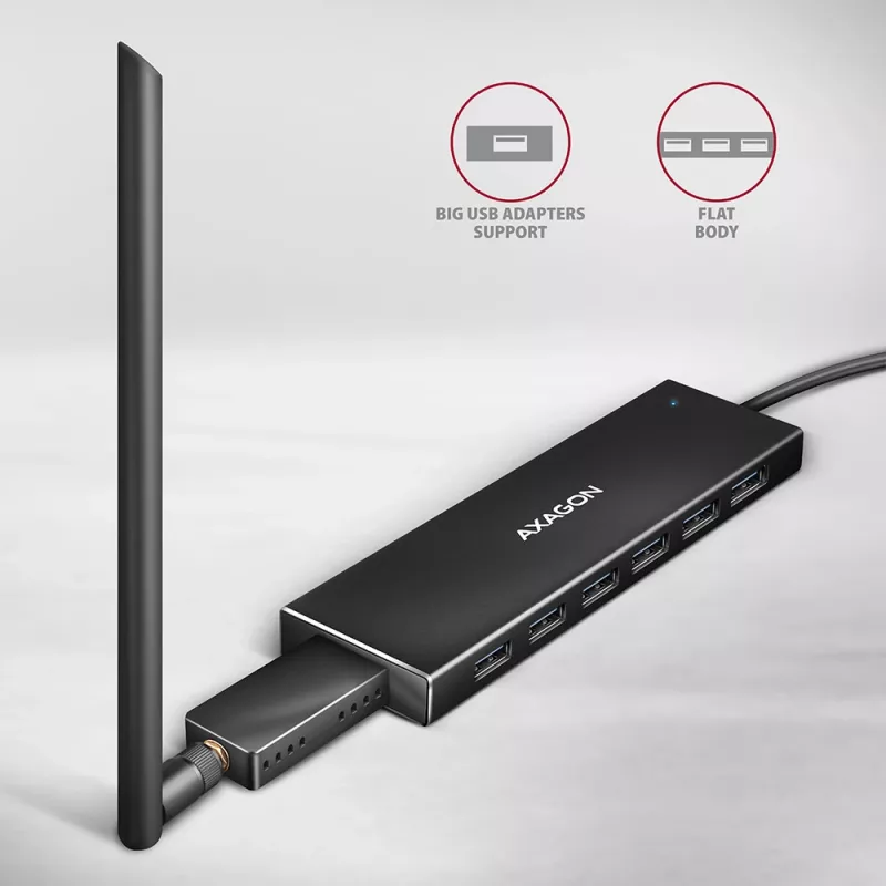 Axagon HUE-F7A 7x USB 3.2 Gen 1 ALU FLAT -keskitin micro-virta IN 1m USB-A USB 3.2 Gen 1 (3.1 Gen 1) Type-A 5000 Mbit/s musta