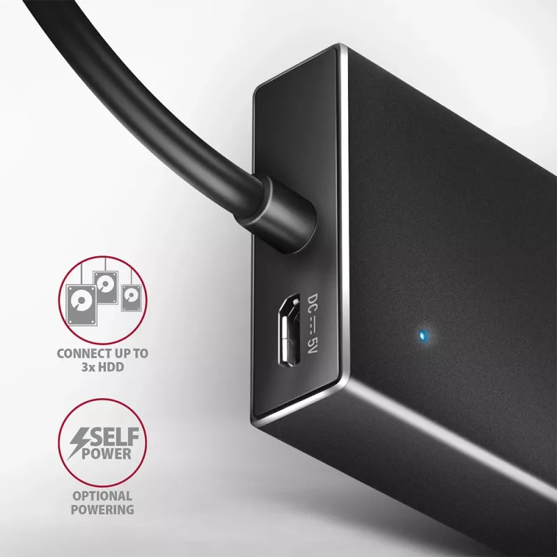 Axagon HUE-F7A 7x USB 3.2 Gen 1 ALU FLAT -keskitin micro-virta IN 1m USB-A USB 3.2 Gen 1 (3.1 Gen 1) Type-A 5000 Mbit/s musta