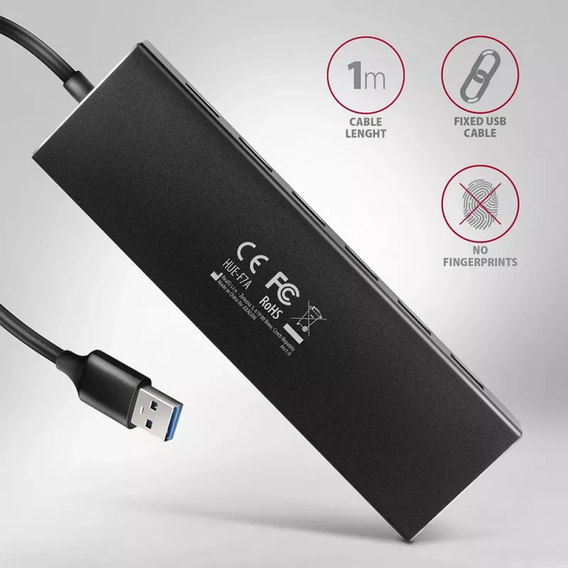 Axagon HUE-F7A 7x USB 3.2 Gen 1 ALU FLAT -keskitin micro-virta IN 1m USB-A USB 3.2 Gen 1 (3.1 Gen 1) Type-A 5000 Mbit/s musta
