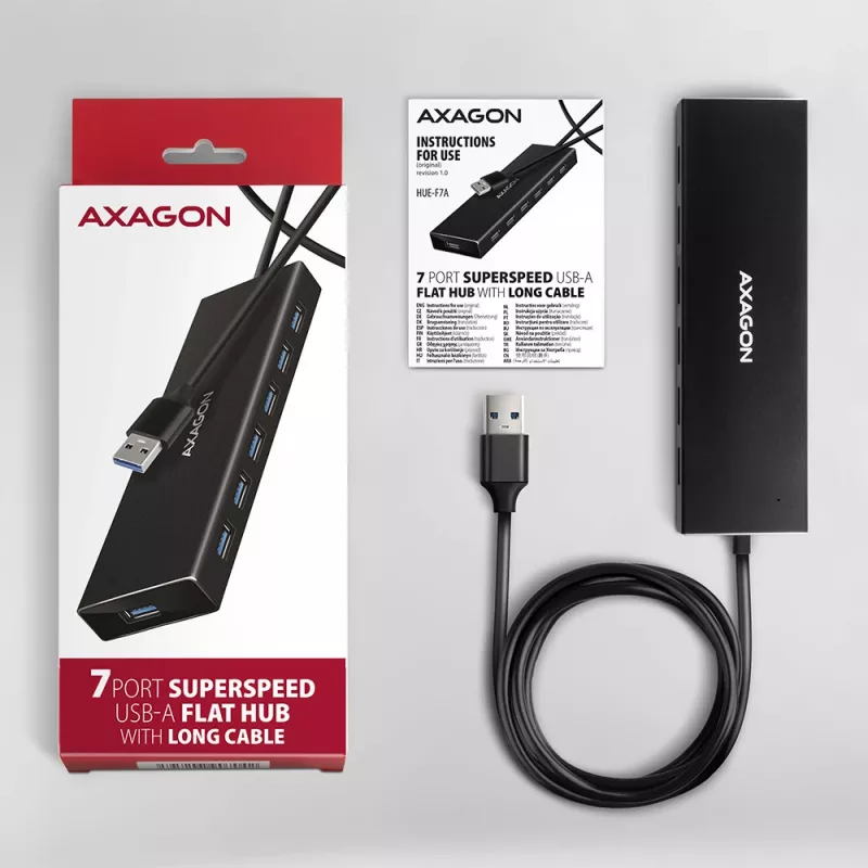 Axagon HUE-F7A 7x USB 3.2 Gen 1 ALU FLAT -keskitin micro-virta IN 1m USB-A USB 3.2 Gen 1 (3.1 Gen 1) Type-A 5000 Mbit/s musta