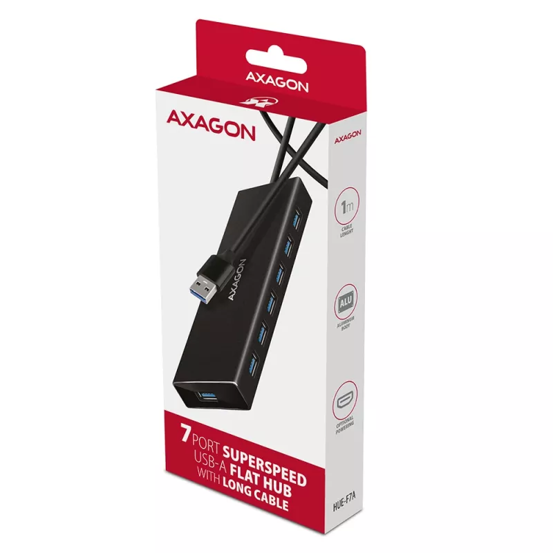 Axagon HUE-F7A 7x USB 3.2 Gen 1 ALU FLAT -keskitin micro-virta IN 1m USB-A USB 3.2 Gen 1 (3.1 Gen 1) Type-A 5000 Mbit/s musta