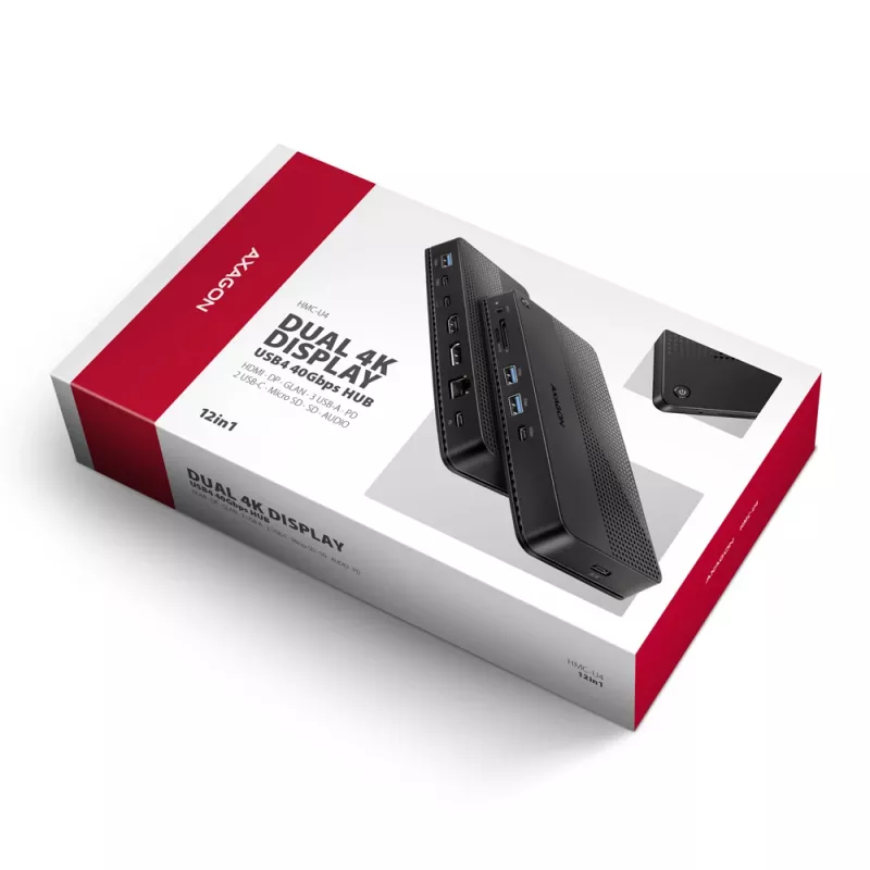 Axagon HMC-U4 USB4-telakka, 3x USB-A, 2x USB-C, HDMI & DP 8K/30Hz, RJ-45, SD/mSD, ääni, PD 100W