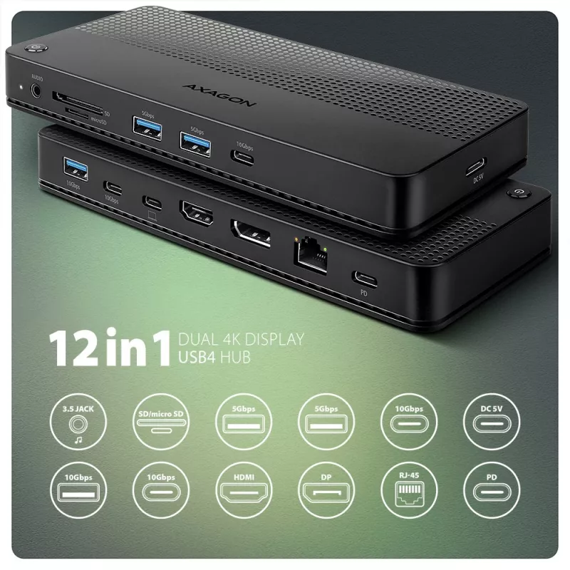 Axagon HMC-U4 USB4-telakka, 3x USB-A, 2x USB-C, HDMI & DP 8K/30Hz, RJ-45, SD/mSD, ääni, PD 100W
