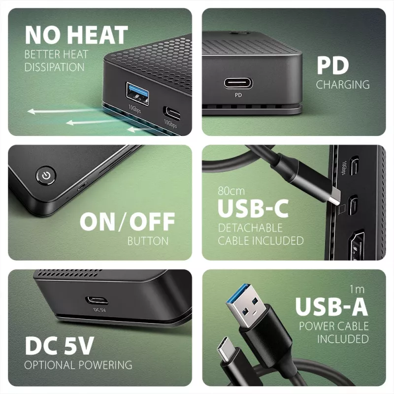 Axagon HMC-U4 USB4-telakka, 3x USB-A, 2x USB-C, HDMI & DP 8K/30Hz, RJ-45, SD/mSD, ääni, PD 100W