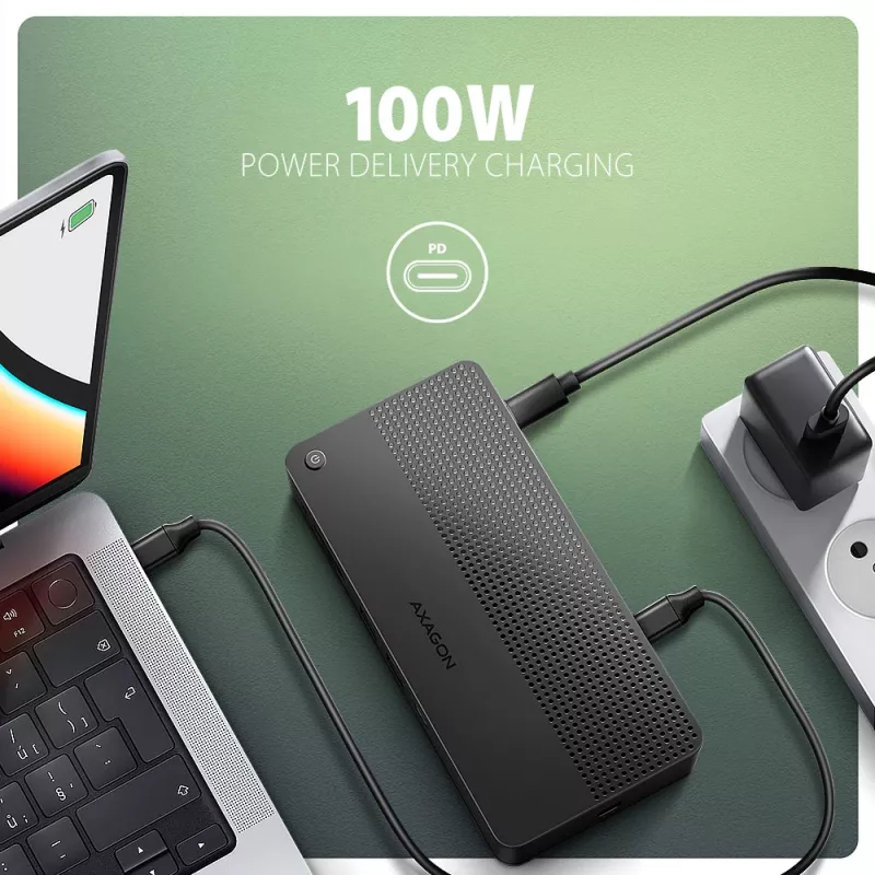 Axagon HMC-U4 USB4-telakka, 3x USB-A, 2x USB-C, HDMI & DP 8K/30Hz, RJ-45, SD/mSD, ääni, PD 100W