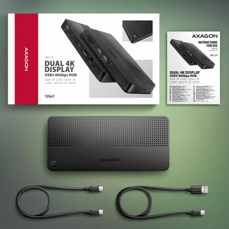 Axagon HMC-U4 USB4-telakka, 3x USB-A, 2x USB-C, HDMI & DP 8K/30Hz, RJ-45, SD/mSD, ääni, PD 100W