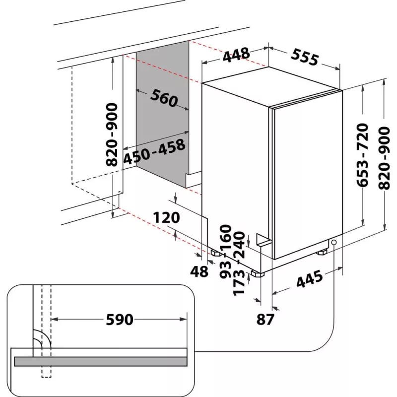 Kalusteisiin asennettava astianpesukone Whirlpool WH6IC11BS7LA0, 11 astiastoa, 41 dB