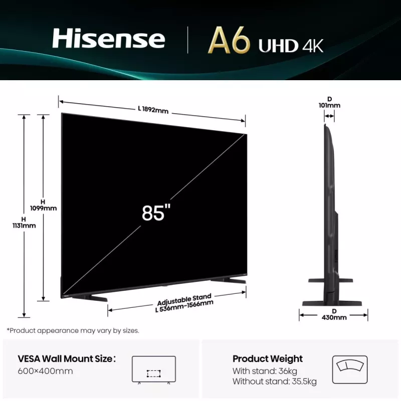 Hisense 85A6Q 85" (216 cm) 4K Ultra HD älytelevisio, VIDAA, Dolby Vision, Wi-Fi, musta