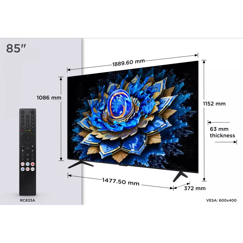 TCL 85T69C 85" (216 cm) 4K Ultra HD QLED älytelevisio, Google TV, Wi-Fi, musta