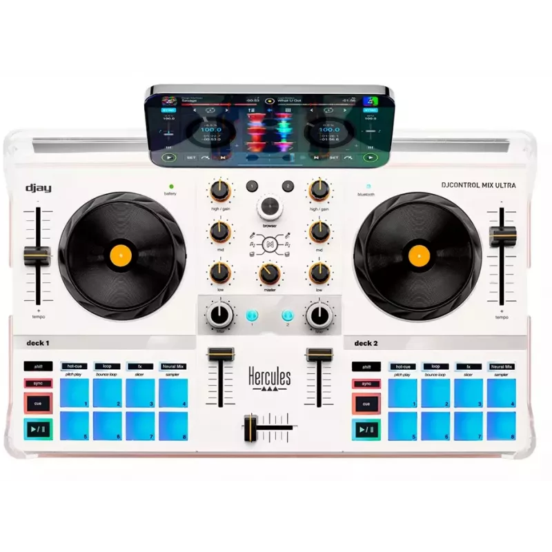 DJ-kontrolleri Hercules DJControl Mix Ultra – valkoinen, kannettava Bluetooth-kontrolleri