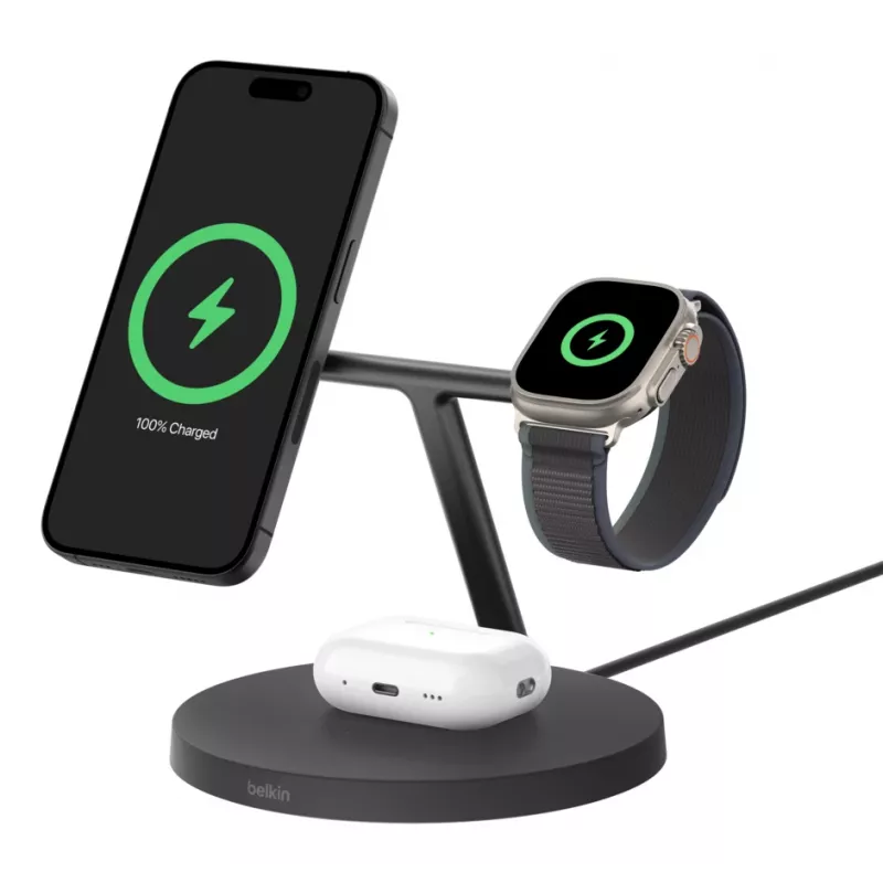 BELKIN Wireless Charging Stand - Boost Charge Pro - 3-in-1 With Qi2 15w - musta
