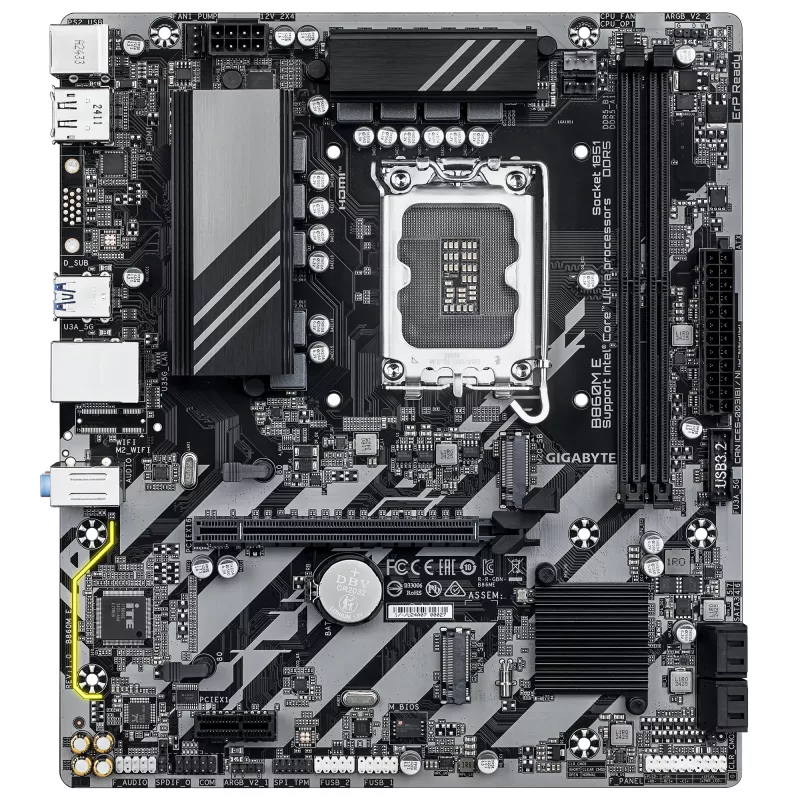 Micro-ATX-emolevy GIGABYTE B860M E — LGA 1851 Intel Core Ultralle, DDR5 jopa 8800 MHz (O.C.), 2×PCIe 4.0 M.2, 1GbE