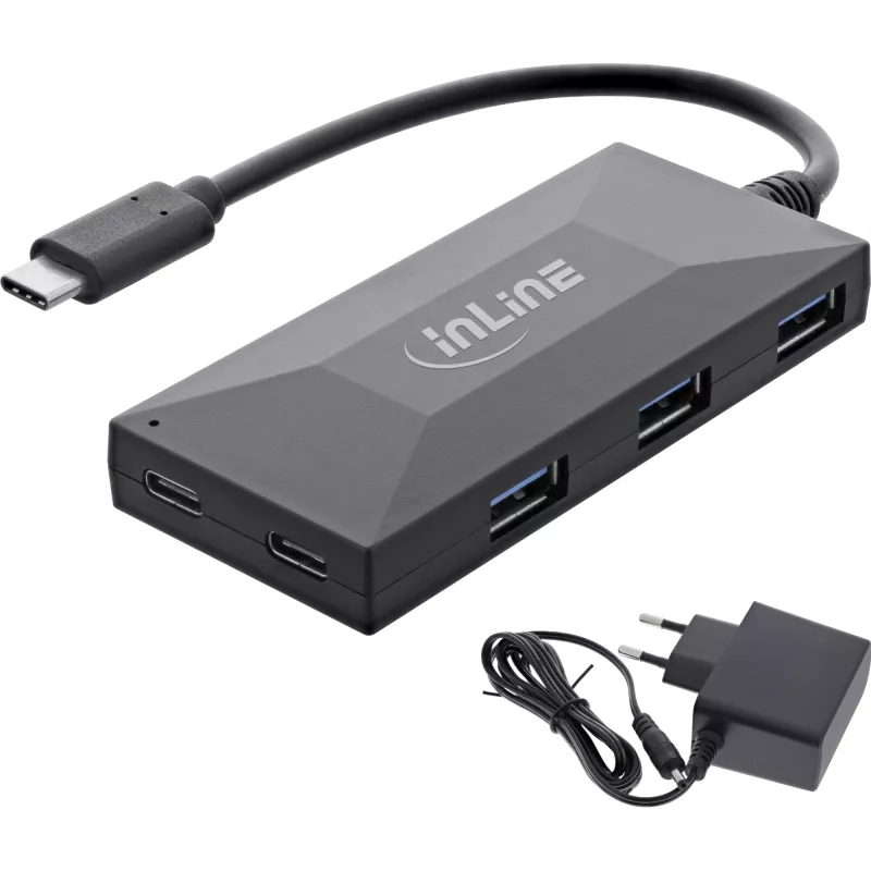InLine USB 3.2 Gen.1 -keskitin, USB-C 2 port USB-C ja 3 port USB-A, virtalähteellä