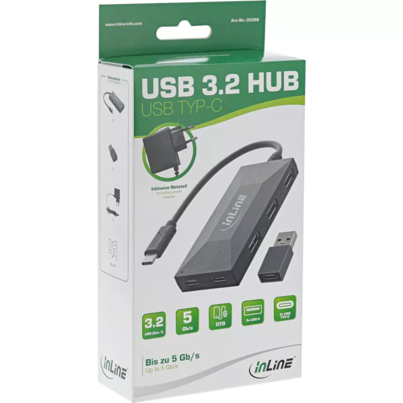 InLine USB 3.2 Gen.1 -keskitin, USB-C 2 port USB-C ja 3 port USB-A, virtalähteellä