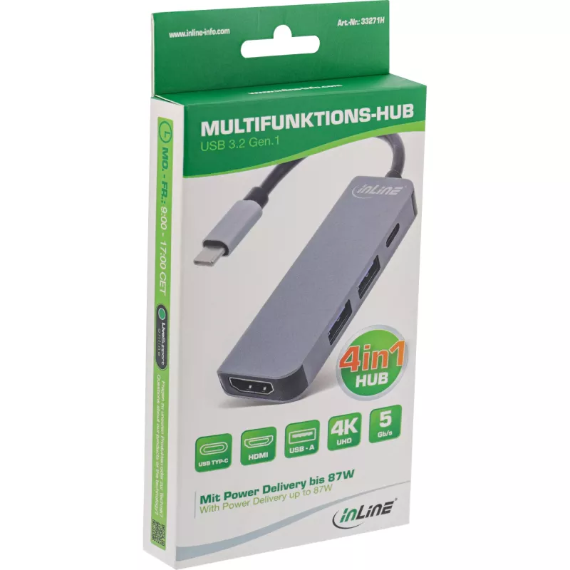 InLine-monikeskitin USB 3.2 Gen.1, 2x USB-A, HDMI 4K/30Hz, USB-C PD 87W
