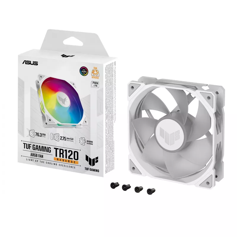 ASUS TUF GAMING TR120 ARGB REVERSE 120 mm 2000 RPM valkoinen, hydraulinen laakeri, 76.3 CFM