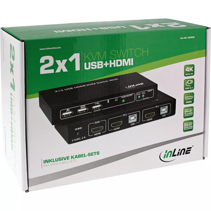 InLine 2x1 HDMI KVM-kytkin, 2x1, HDMI 4K2K, USB 2.0 -keskitin, äänellä