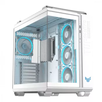 Tietokonekotelo ASUS TUF GAMING GT502 Horizon TG ARGB valkoinen — Midi Tower, ATX, karkaistu lasi, 4×3,5 tuuman paikat, max. GPU 400 mm