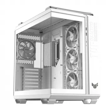 Tietokonekotelo ASUS TUF GAMING GT502 Horizon TG ARGB valkoinen — Midi Tower, ATX, karkaistu lasi, 4×3,5 tuuman paikat, max. GPU 400 mm