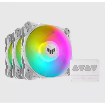 Ilmajäähdytin ASUS TUF GAMING TF120 ARGB WHITE EDITION — 3×120 mm tuuletinta, 1900 kierr./min, 29 dB, kaukosäädin
