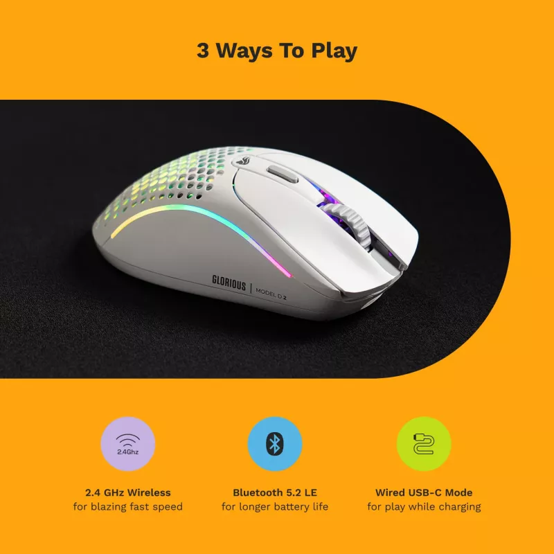Glorious Gaming Glorious Model D 2 Wireless - mattavalkoinen, oikeakätinen, RF Wireless, 19000 DPI, valkoinen