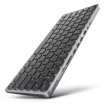 Axagon HMC-KB-GE, USB 5Gbps -keskitin näppäimistöllä, HDMI 4K/60Hz, 3x USB-A, SD/mSD, ääni, PD 100, saksalainen asettelu