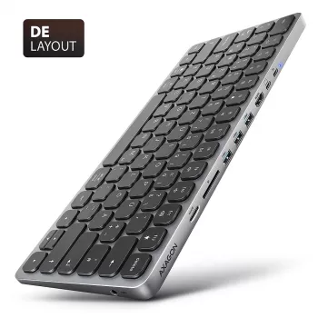 Axagon HMC-KB-GE, USB 5Gbps -keskitin näppäimistöllä, HDMI 4K/60Hz, 3x USB-A, SD/mSD, ääni, PD 100, saksalainen asettelu