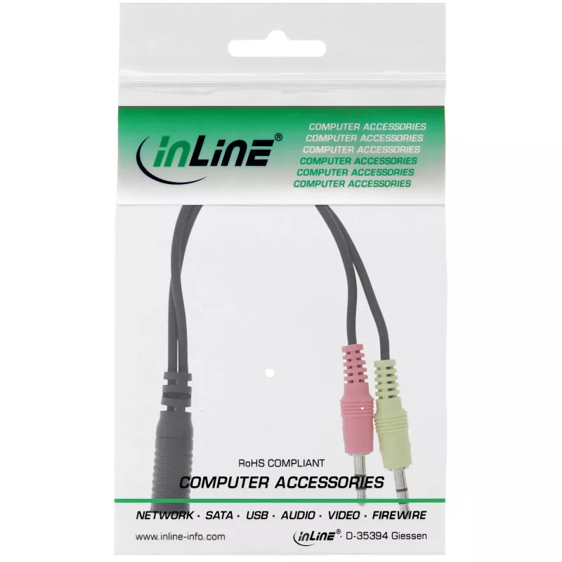 InLine audio headset -adapterikaapeli, 2x 3,5 mm pistoke 3,5 mm liitäntään 4-napainen, CTIA, 0,15 m