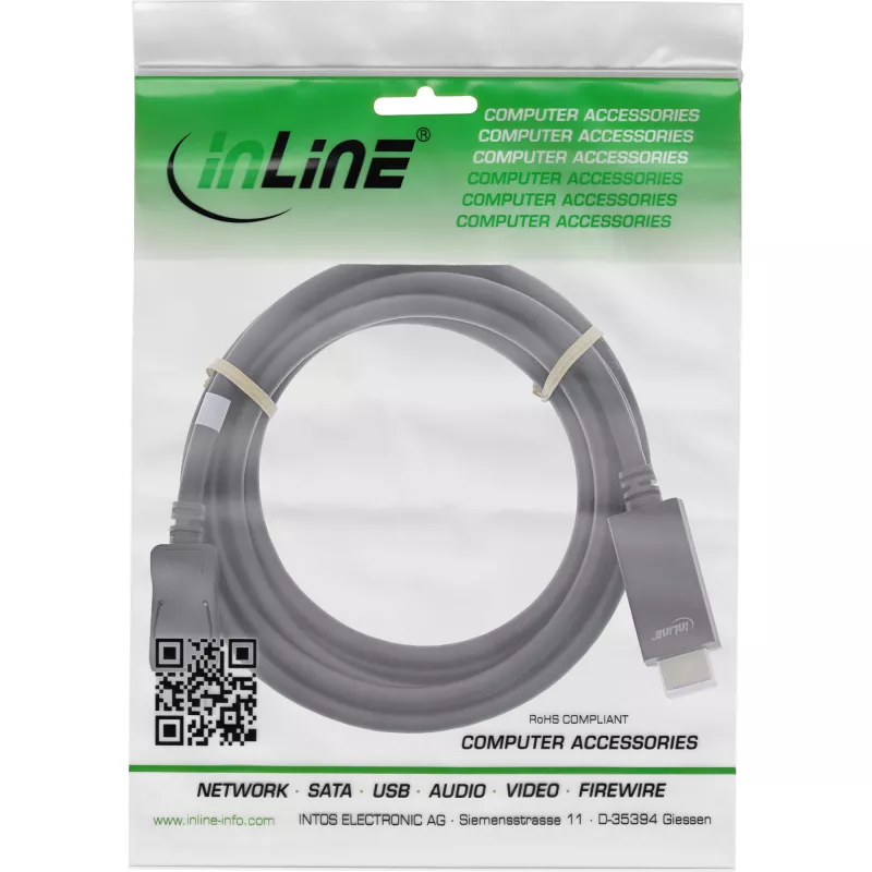 InLine DisplayPort–HDMI-muunninkaapeli, 4K/60Hz, musta, 3m