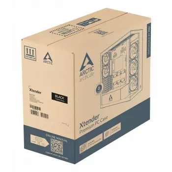 ARCTIC Xtender VG (musta) Premium E-ATX -tietokonekotelo pystysuuntaisella GPU-asennuksella