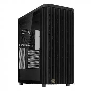 PC-kotelo ASUS ProArt PA401 Wood TG PWM Tower musta — ATX, karkaistu lasi, 2x160mm etutuulettimet, USB-C, tukee GPU 31,5 cm