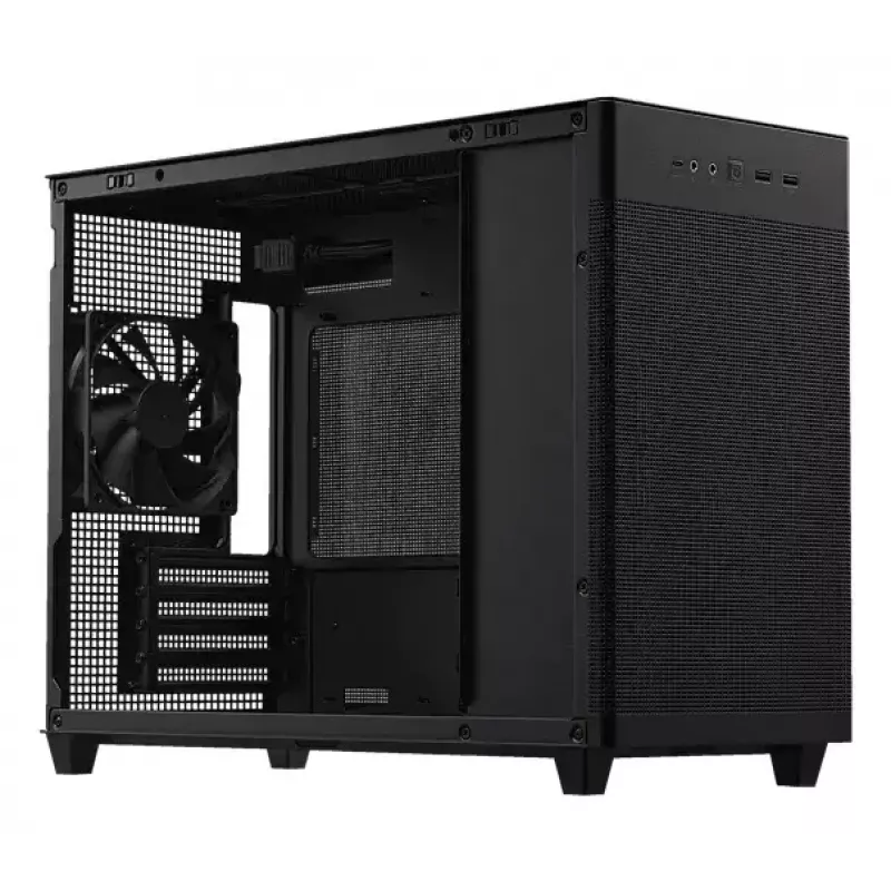 PC-kotelo ASUS Prime AP201 MicroATX Mini Tower musta — tukee microATX, max. GPU 338 mm, CPU-jäähdyttimen korkeus 170 mm, 3x 3,5 tuuman paikkaa, USB-A 2x, USB-C 1x