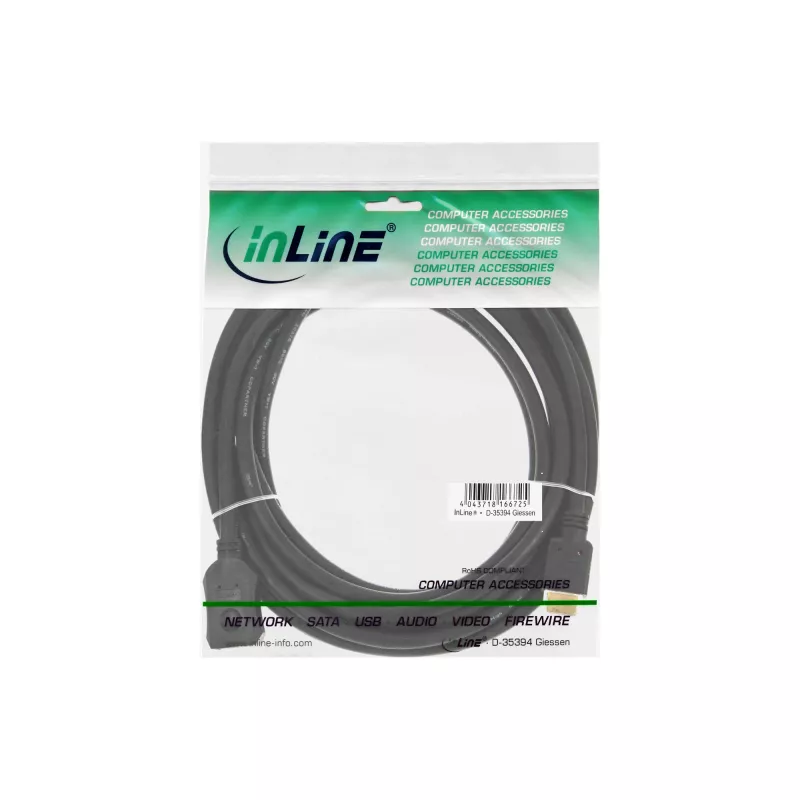 InLine HDMI-kaapeli, High Speed HDMI -kaapeli, M/F, musta, kultaiset kontaktit, 2 m